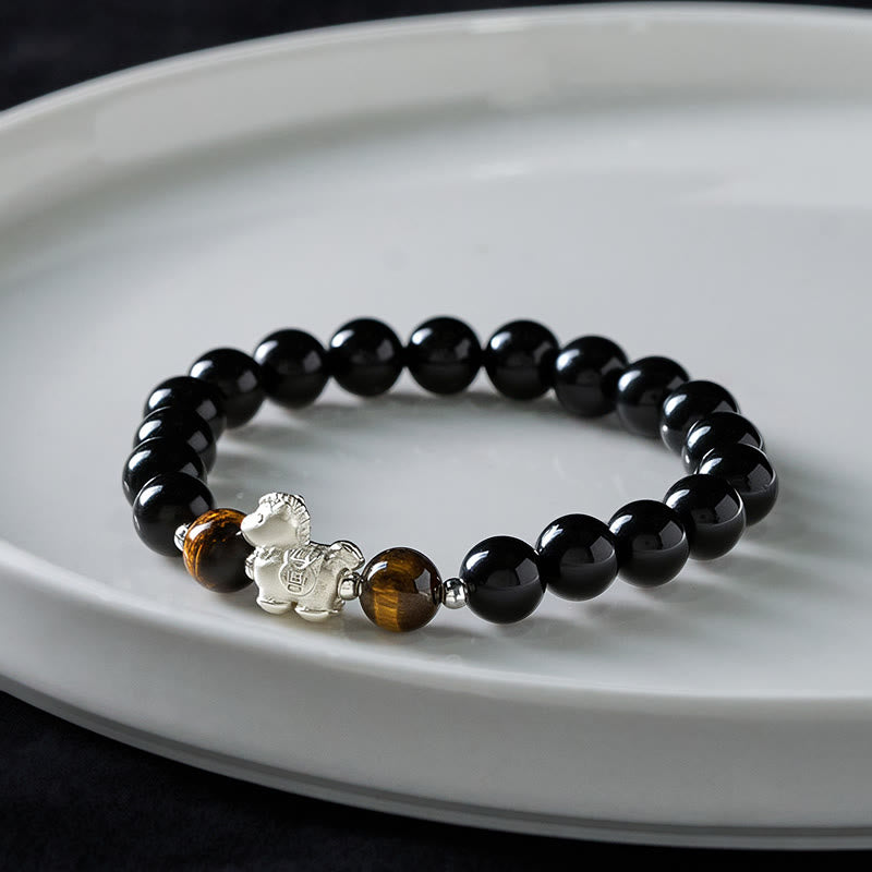 Buddha Stones Rok Konia Srebro próby 999 z zawieszką w kształcie konia i czarnym obsydianem, bransoletka siły z tygrysim okiem - image 3