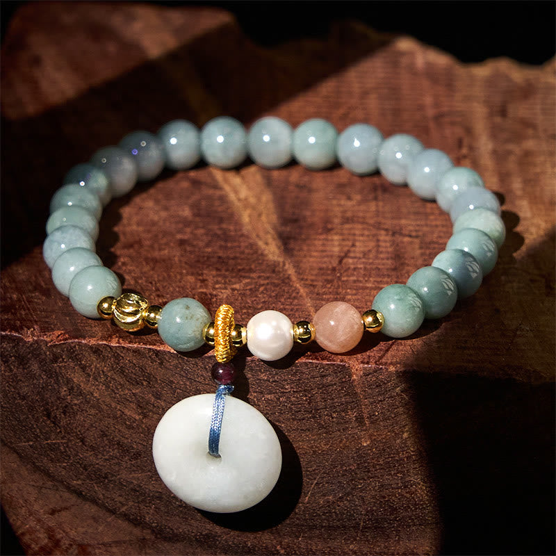 Bransoletka z jadeitu z okrągłymi koralikami i klamrą z Buddha Stones , przynosząca szczęście - Jadeit (obwód nadgarstka: 14-16 cm) - 6,8 mm - image 0