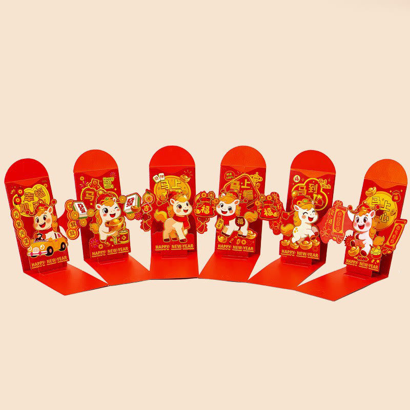 Buddha Stones Rok Konia 2026 Nowy Rok Fu Postać Stojąca 6 szt. Chińska Czerwona Koperta - 6-elementowy zestaw postaci szczęścia i sukcesu, bogacenia się i szczęścia Fu (17*9 cm) - image 0