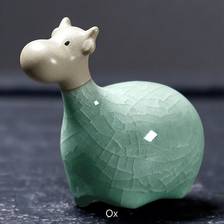 Buddha Stones Chiński Zodiak Ceramiczna Herbata Zwierzę Dom Dekoracja - Wół khaki 6,5*6 cm - image 3