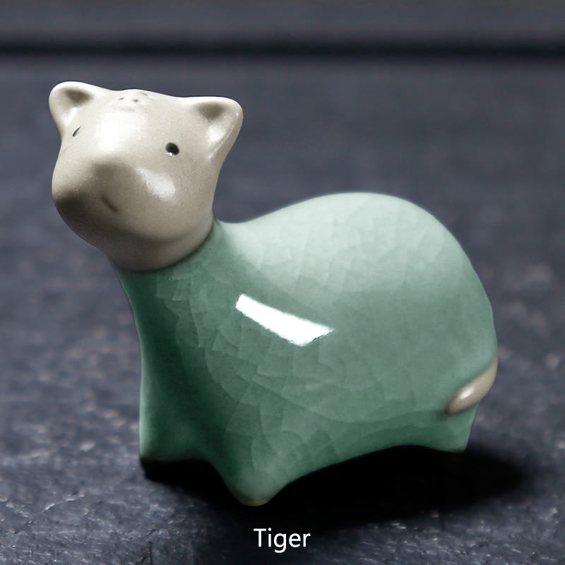 Buddha Stones Chiński Zodiak Ceramiczna Herbata Zwierzę Dom Dekoracja - Khaki Tiger 6,6*5,7 cm - image 4