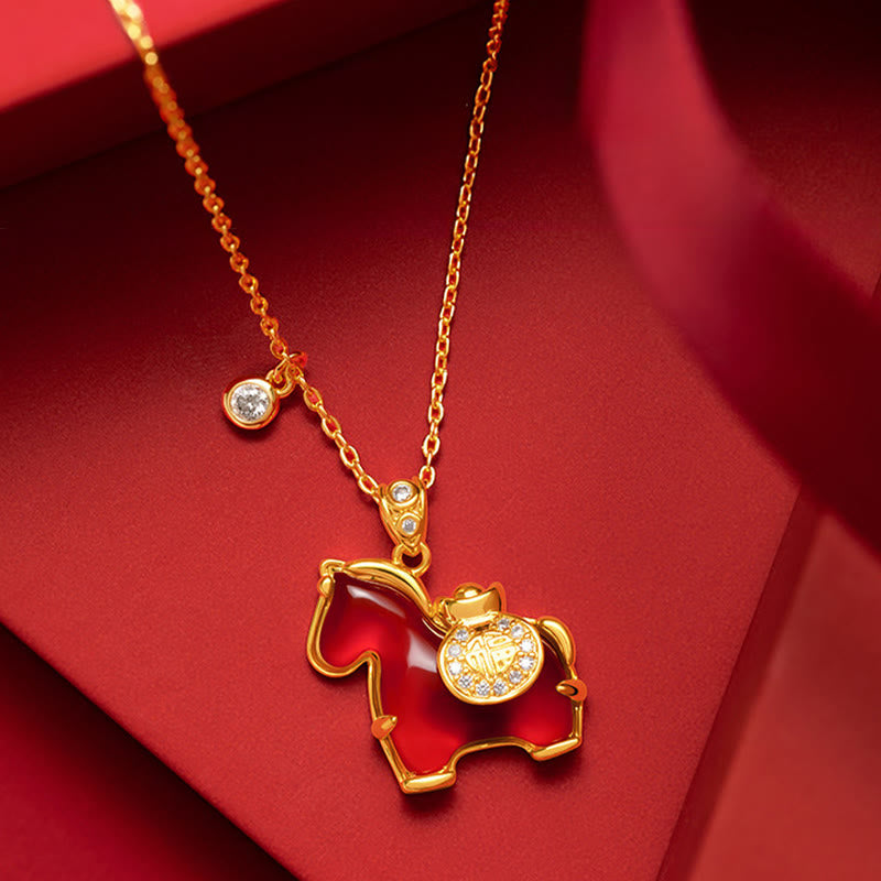 Naszyjnik z Buddha Stones z roku konia z czerwonym agatem Fu, dodający pewności siebie - Czerwony Agat Koń - image 0