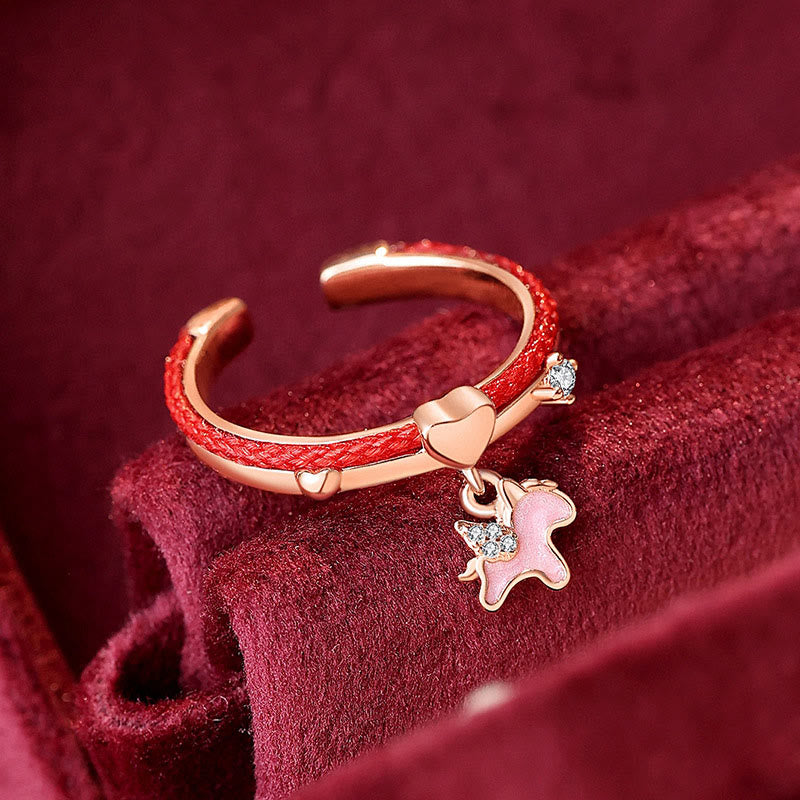 Pierścień szczęścia z czerwonym sznurkiem z Buddha Stones ze srebra próby 925 - Czerwony sznurek 925, różowy jednorożec (regulowany) - image 0