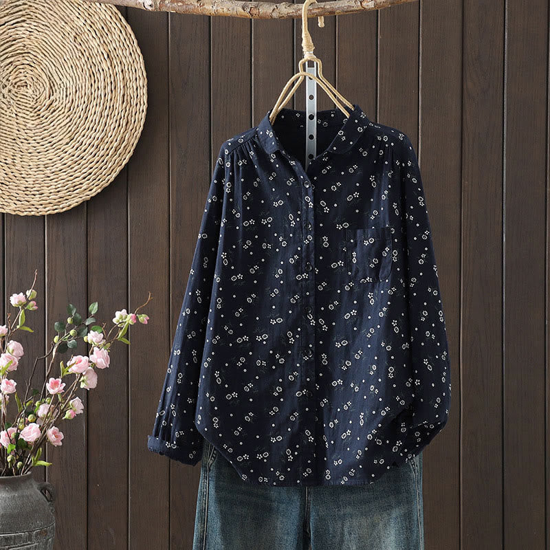 Koszula damska z długim rękawem z bawełny z motywem Buddha Stones, zapinana na guziki i kwiatowym wzorem - Stalowoniebieski - US8-10，UK/AU12-14，EU40-42 (2XL) - image 0