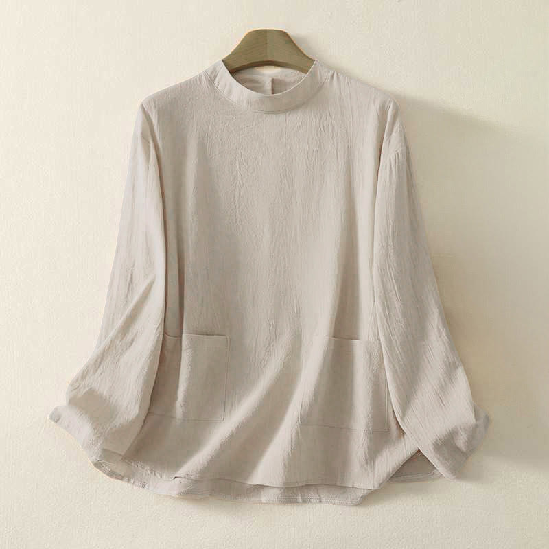 Koszula damska z długim rękawem z bawełny Buddha Stones Fall, prosta, z okrągłym dekoltem i trzema guzikami - Beżowy - US8-10，UK/AU12-14，EU40-42 (2XL) - image 0