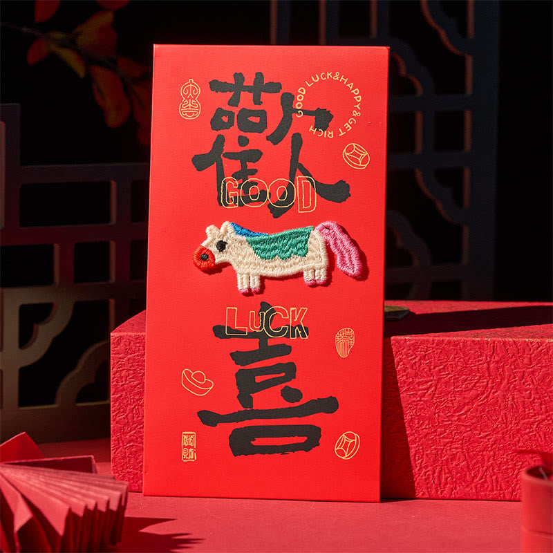 Buddha Stones Rok Konia 2026 Nowy Rok Haft Błogosławieństwa Szczęścia 6 szt. Chińska Czerwona Koperta - image 3