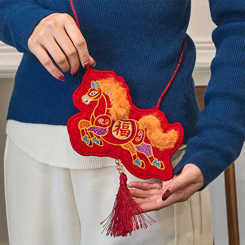Buddha Stones Rok Konia 2026 Nowy Rok Fu Charakter Haft Chwost Chińska Czerwona Koperta - Koperta z frędzlami w kolorze czerwonym (10,5*18,5 cm) - image 0