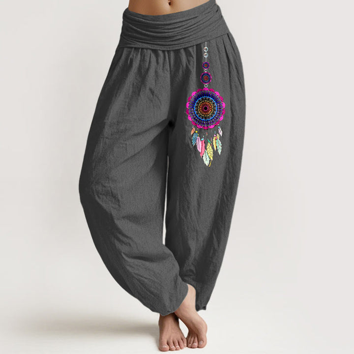 Buddha Stones Kolorowe spodnie haremki damskie z elastycznej talii z wzorem łapaczy snów z czystej bawełny - DimGray - US16, UK/AU20, EU48 (3XL) - image 8