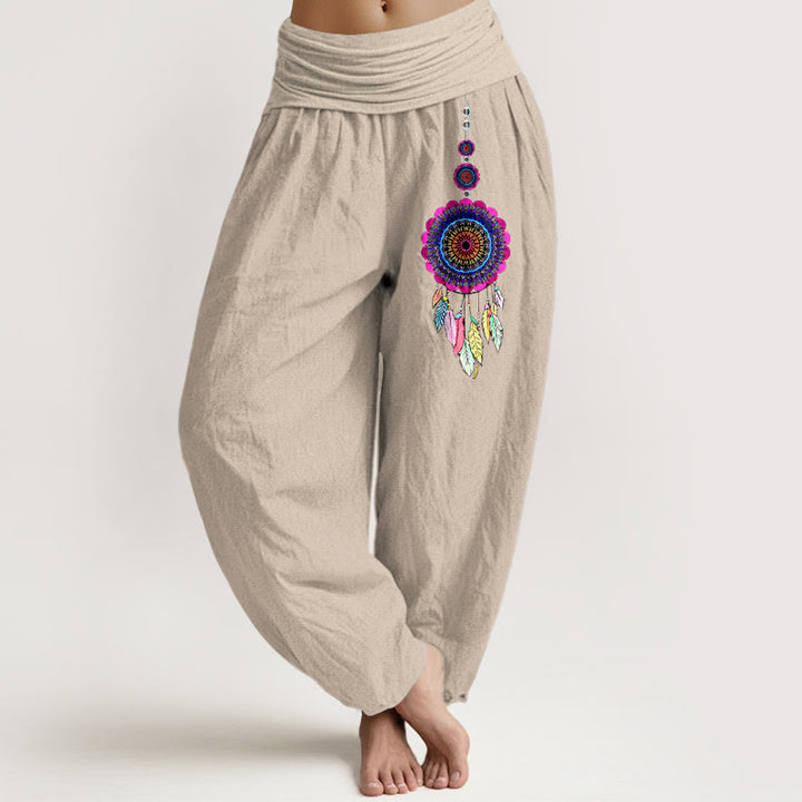 Buddha Stones Kolorowe spodnie haremki damskie z elastycznej talii z wzorem łapaczy snów z czystej bawełny - Dębnik - US16, UK/AU20, EU48 (3XL) - image 11