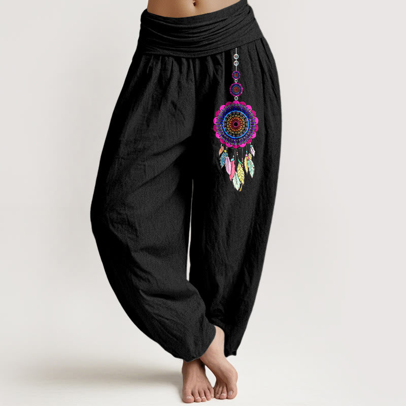 Buddha Stones Kolorowe spodnie haremki damskie z elastycznej talii z wzorem łapaczy snów z czystej bawełny - Czarny - US16, UK/AU20, EU48 (3XL) - image 0
