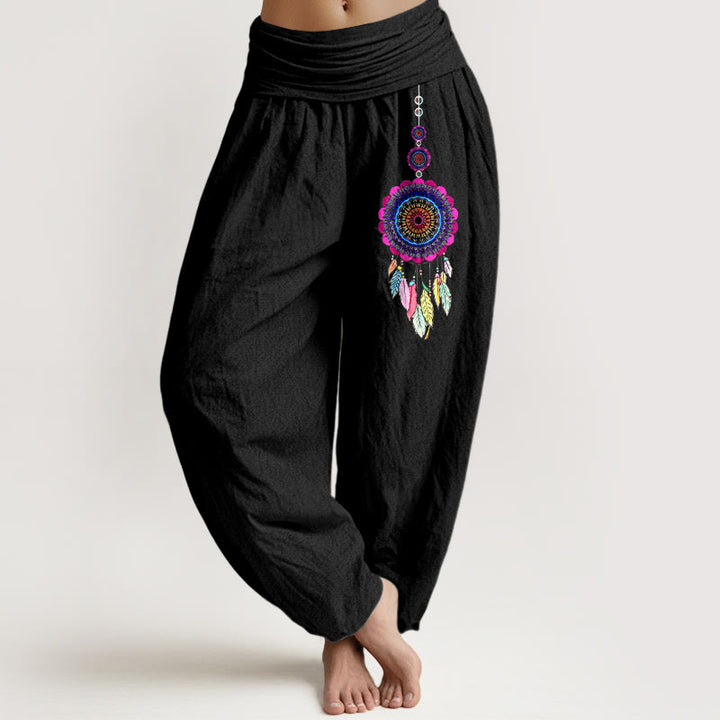 Buddha Stones Kolorowe spodnie haremki damskie z elastycznej talii z wzorem łapaczy snów z czystej bawełny - Czarny - US16, UK/AU20, EU48 (3XL) - image 0