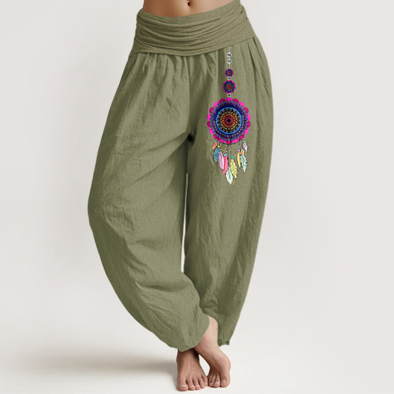 Buddha Stones Kolorowe spodnie haremki damskie z elastycznej talii z wzorem łapaczy snów z czystej bawełny - Oliwkowy - US16, UK/AU20, EU48 (3XL) - image 14