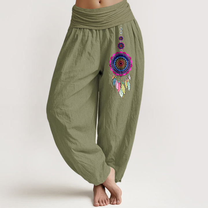 Buddha Stones Kolorowe spodnie haremki damskie z elastycznej talii z wzorem łapaczy snów z czystej bawełny - Oliwkowy - US16, UK/AU20, EU48 (3XL) - image 14