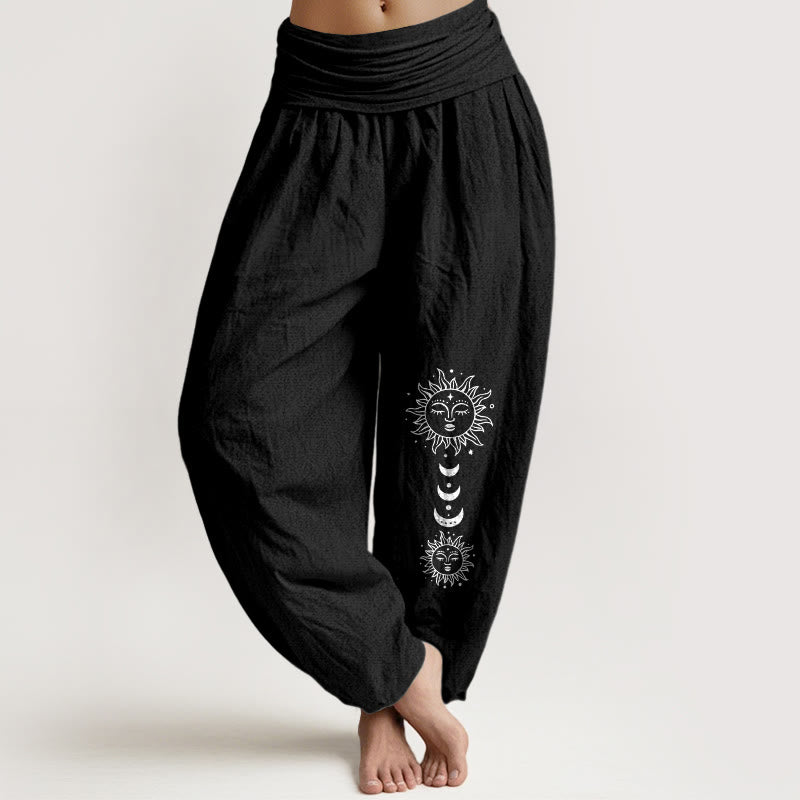 Buddha Stones Spodnie damskie haremowe z elastycznej bawełny w stylu boho z motywem słońca i księżyca - Czarny - US16, UK/AU20, EU48 (3XL) - image 5