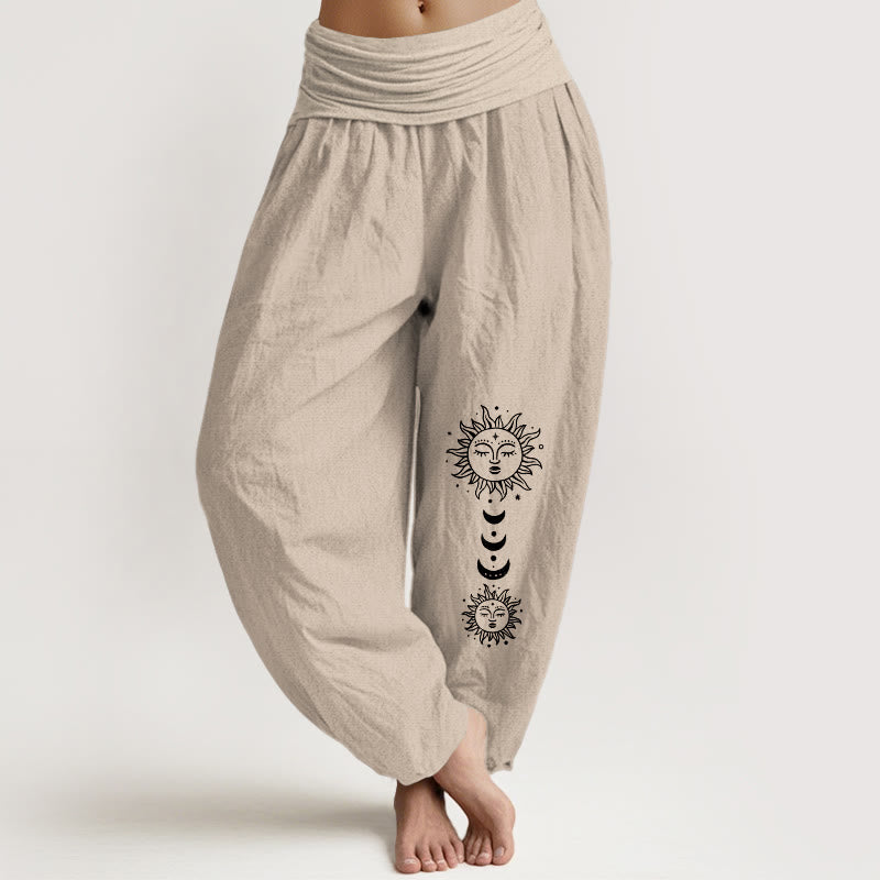 Buddha Stones Spodnie damskie haremowe z elastycznej bawełny w stylu boho z motywem słońca i księżyca - Dębnik - US16, UK/AU20, EU48 (3XL) - image 11