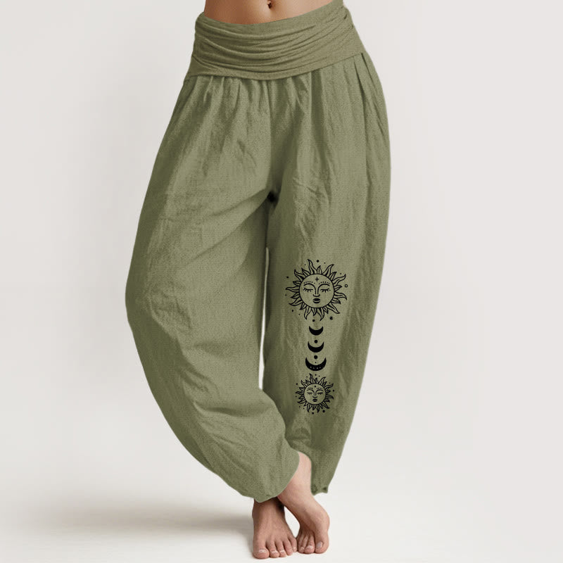 Buddha Stones Spodnie damskie haremowe z elastycznej bawełny w stylu boho z motywem słońca i księżyca - Oliwkowy - US16, UK/AU20, EU48 (3XL) - image 14