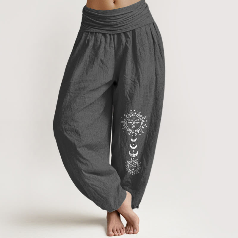 Buddha Stones Spodnie damskie haremowe z elastycznej bawełny w stylu boho z motywem słońca i księżyca - DimGray - US16, UK/AU20, EU48 (3XL) - image 0