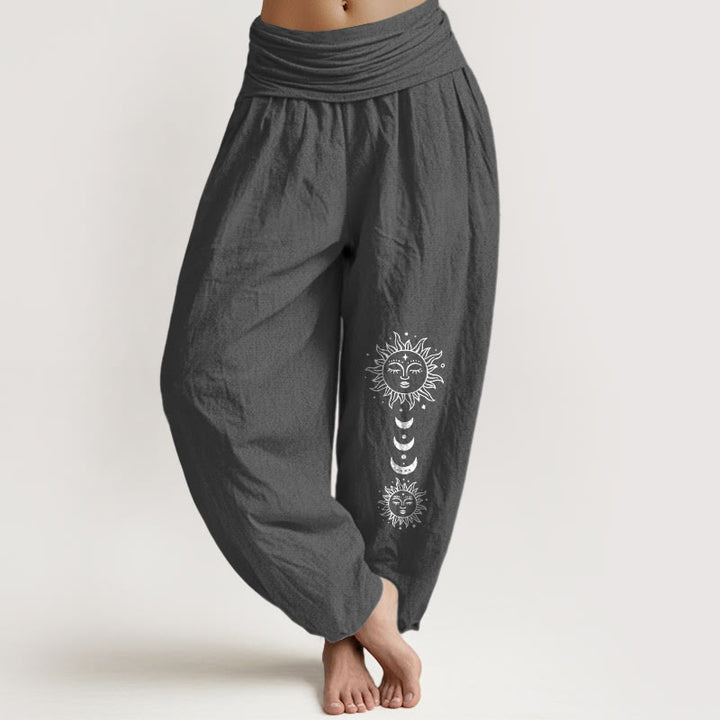 Buddha Stones Spodnie damskie haremowe z elastycznej bawełny w stylu boho z motywem słońca i księżyca - DimGray - US16, UK/AU20, EU48 (3XL) - image 0