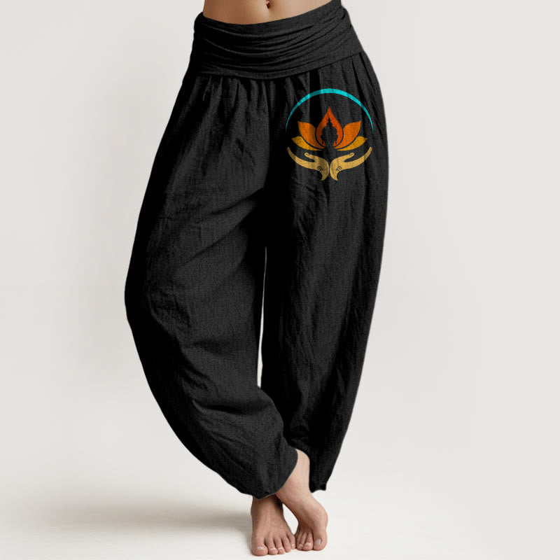 Buddha Stones Damskie spodnie haremowe z elastyczną talią i motywem Buddy w kolorze lotosu z czystej bawełny - Czarny - US16, UK/AU20, EU48 (3XL) - image 0