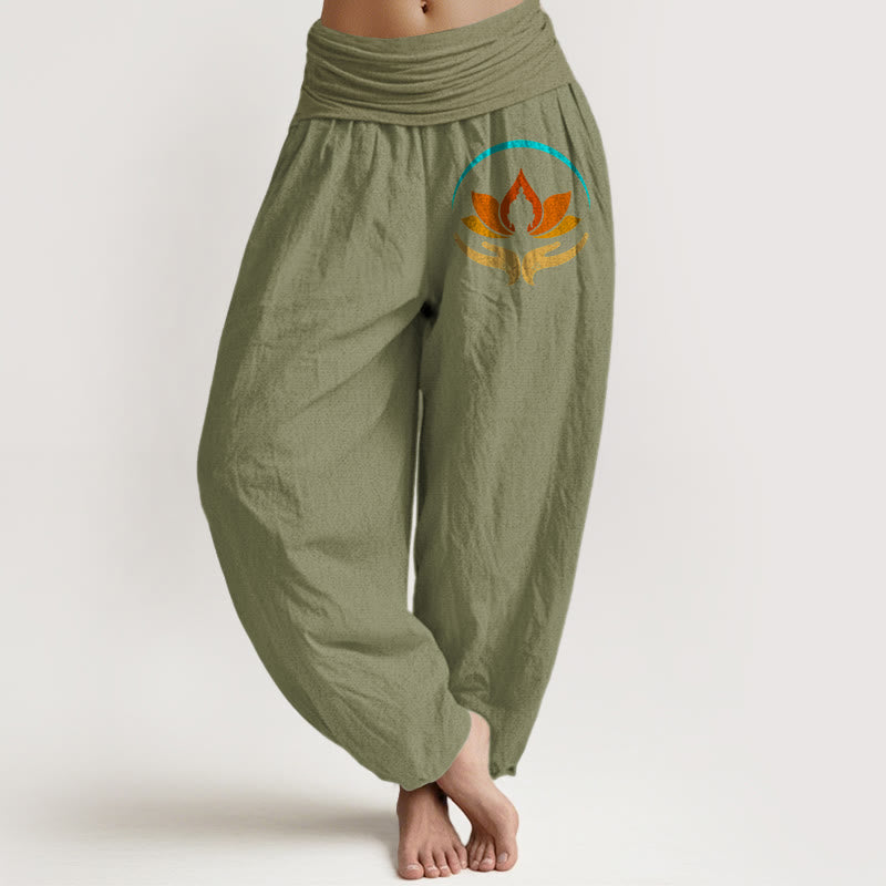 Buddha Stones Damskie spodnie haremowe z elastyczną talią i motywem Buddy w kolorze lotosu z czystej bawełny - Oliwkowy - US16, UK/AU20, EU48 (3XL) - image 14