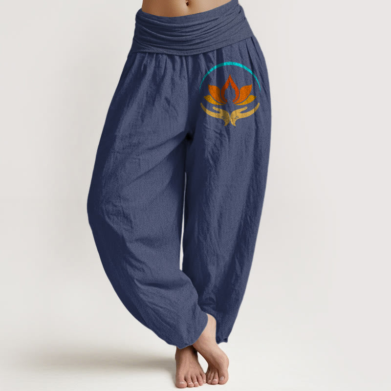 Buddha Stones Damskie spodnie haremowe z elastyczną talią i motywem Buddy w kolorze lotosu z czystej bawełny - DarkSlateBlue - US16, UK/AU20, EU48 (3XL) - image 5