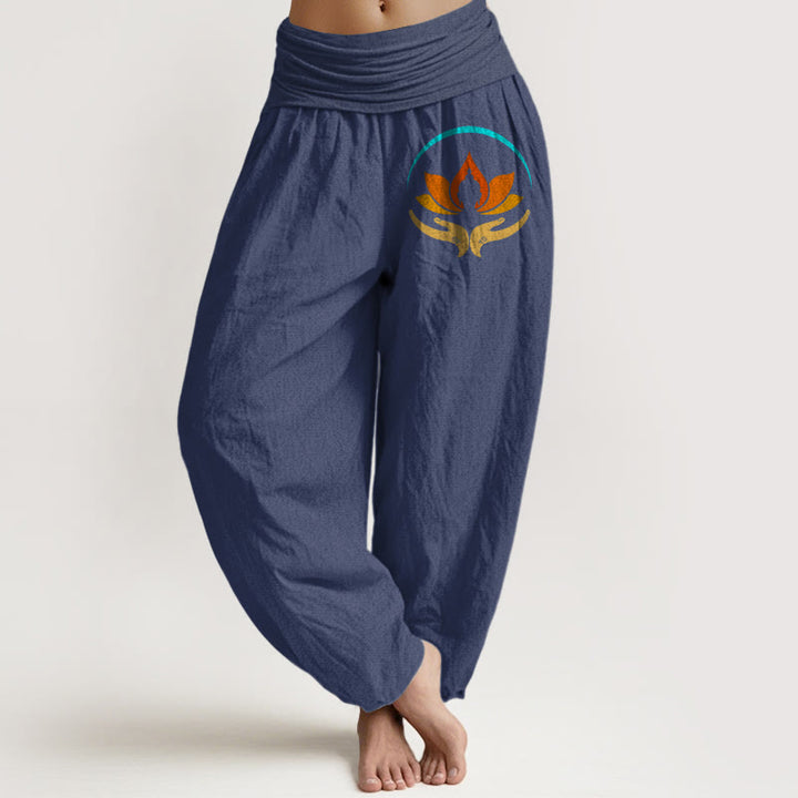 Buddha Stones Damskie spodnie haremowe z elastyczną talią i motywem Buddy w kolorze lotosu z czystej bawełny - DarkSlateBlue - US16, UK/AU20, EU48 (3XL) - image 5