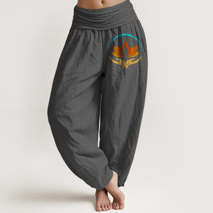 Buddha Stones Damskie spodnie haremowe z elastyczną talią i motywem Buddy w kolorze lotosu z czystej bawełny - DimGray - US16, UK/AU20, EU48 (3XL) - image 8