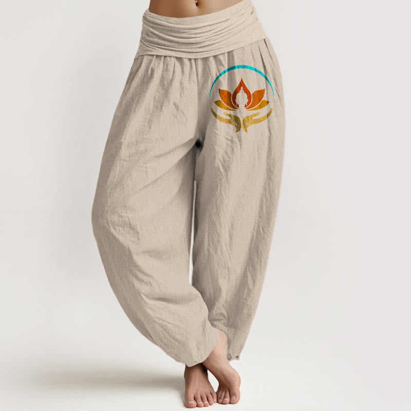 Buddha Stones Damskie spodnie haremowe z elastyczną talią i motywem Buddy w kolorze lotosu z czystej bawełny - Dębnik - US16, UK/AU20, EU48 (3XL) - image 11