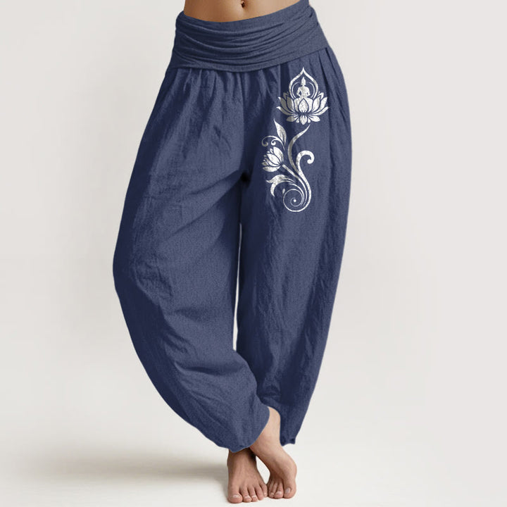 Buddha Stones Spodnie damskie haremowe z elastycznej talii z motywem lotosu, z motywem siedzącego Buddy i kwiatowym wzorem - DarkSlateBlue - US16, UK/AU20, EU48 (3XL) - image 0