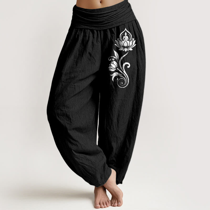 Buddha Stones Spodnie damskie haremowe z elastycznej talii z motywem lotosu, z motywem siedzącego Buddy i kwiatowym wzorem - Czarny - US16, UK/AU20, EU48 (3XL) - image 5