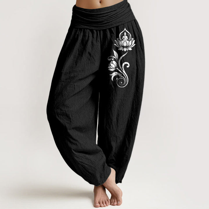 Buddha Stones Spodnie damskie haremowe z elastycznej talii z motywem lotosu, z motywem siedzącego Buddy i kwiatowym wzorem - Czarny - US16, UK/AU20, EU48 (3XL) - image 5