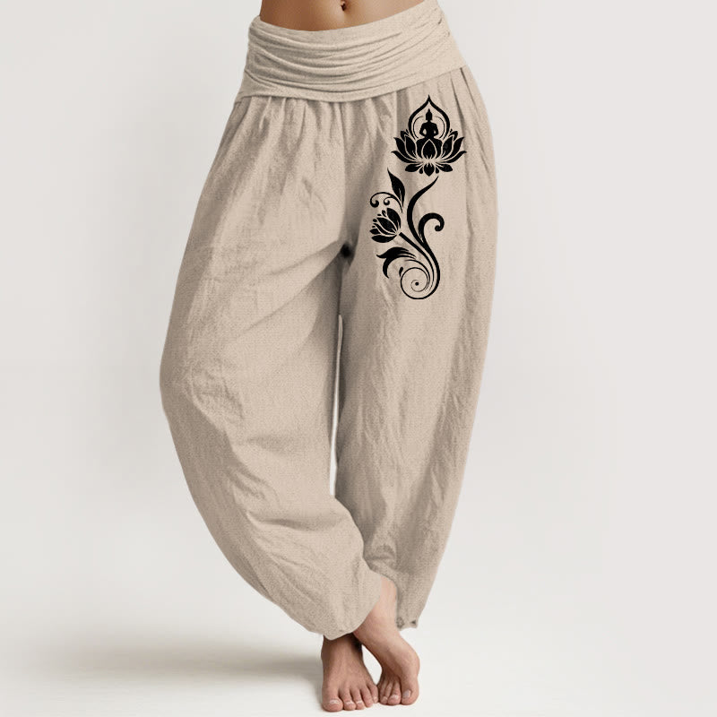 Buddha Stones Spodnie damskie haremowe z elastycznej talii z motywem lotosu, z motywem siedzącego Buddy i kwiatowym wzorem - Dębnik - US16, UK/AU20, EU48 (3XL) - image 11