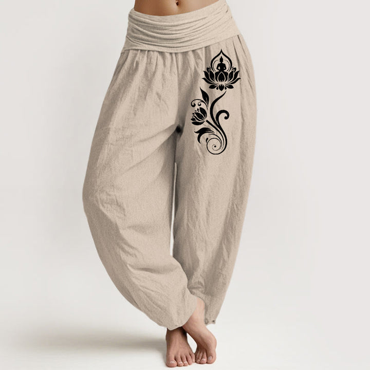 Buddha Stones Spodnie damskie haremowe z elastycznej talii z motywem lotosu, z motywem siedzącego Buddy i kwiatowym wzorem - Dębnik - US16, UK/AU20, EU48 (3XL) - image 11