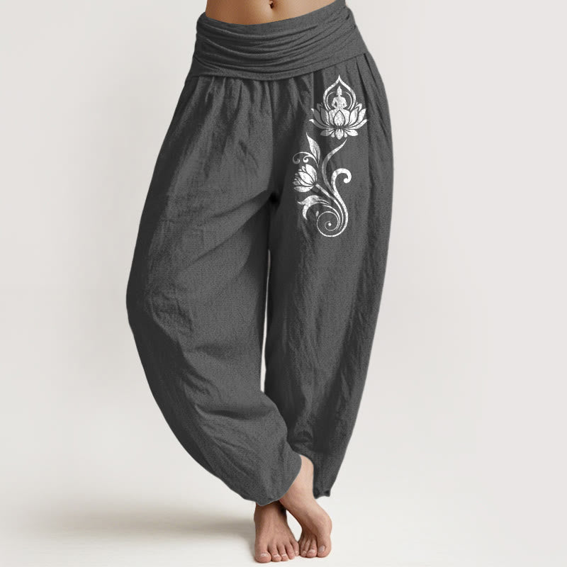 Buddha Stones Spodnie damskie haremowe z elastycznej talii z motywem lotosu, z motywem siedzącego Buddy i kwiatowym wzorem - DimGray - US16, UK/AU20, EU48 (3XL) - image 8
