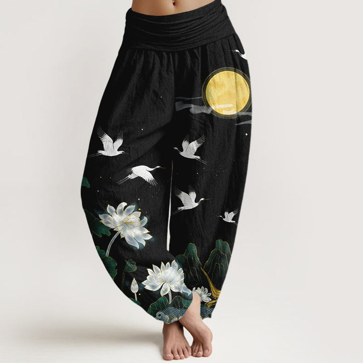 Buddha Stones Spodnie haremki damskie z elastyczną talią i wzorem Crane Blooming Lotus Moon Mountain z czystej bawełny - Czarny - US16, UK/AU20, EU48 (3XL) - image 0