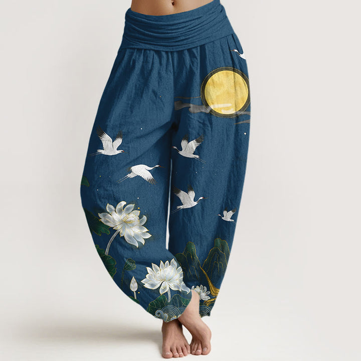 Buddha Stones Spodnie haremki damskie z elastyczną talią i wzorem Crane Blooming Lotus Moon Mountain z czystej bawełny - Stalowoniebieski - US16, UK/AU20, EU48 (3XL) - image 8