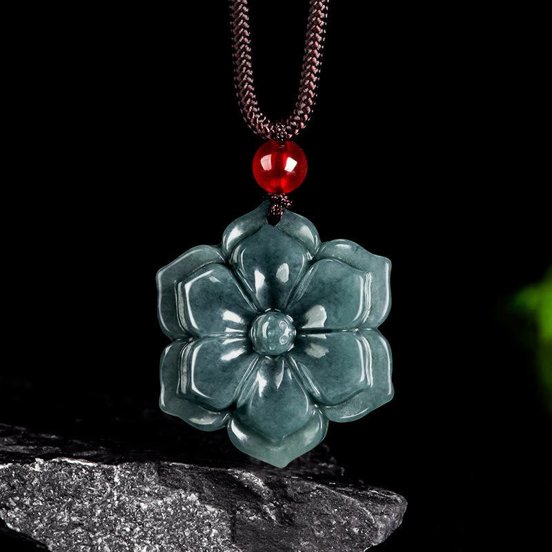 Buddha Stones Naszyjnik z jadeitu z kwiatem brzoskwini i wisiorkiem na temat dobrobytu - Jadeit - image 0