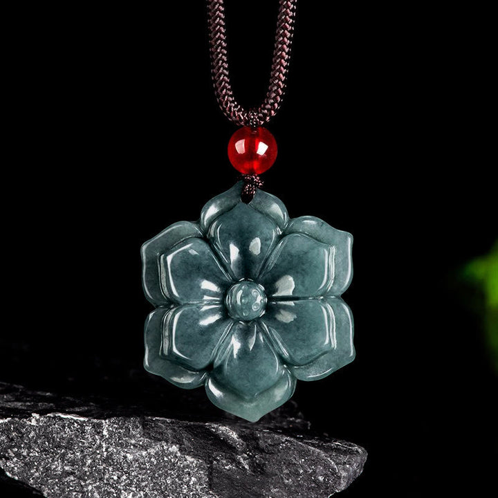 Buddha Stones Naszyjnik z jadeitu z kwiatem brzoskwini i wisiorkiem na temat dobrobytu - Jadeit - image 0