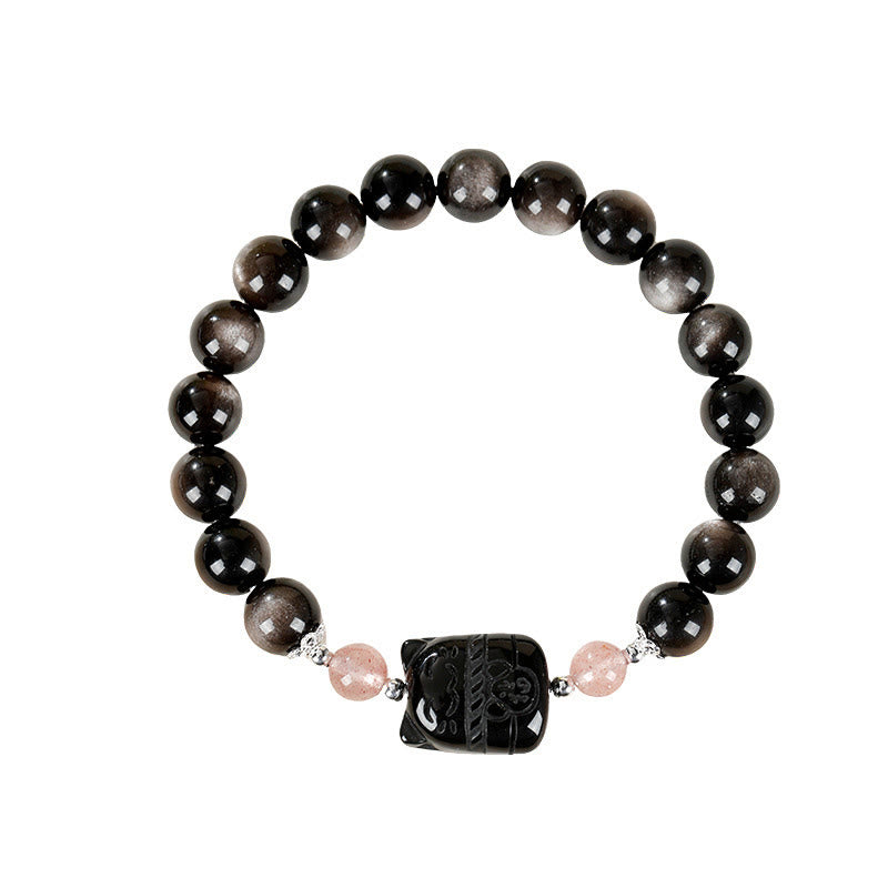 Buddha Stones Bransoletka ochronna Cat Silver Sheen z obsydianu i kwarcu truskawkowego - image 9