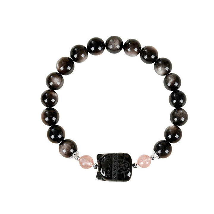 Buddha Stones Bransoletka ochronna Cat Silver Sheen z obsydianu i kwarcu truskawkowego - image 9