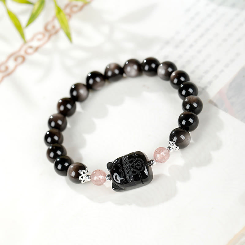 Buddha Stones Bransoletka ochronna Cat Silver Sheen z obsydianu i kwarcu truskawkowego - image 1