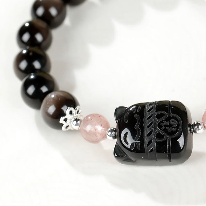 Buddha Stones Bransoletka ochronna Cat Silver Sheen z obsydianu i kwarcu truskawkowego - image 10