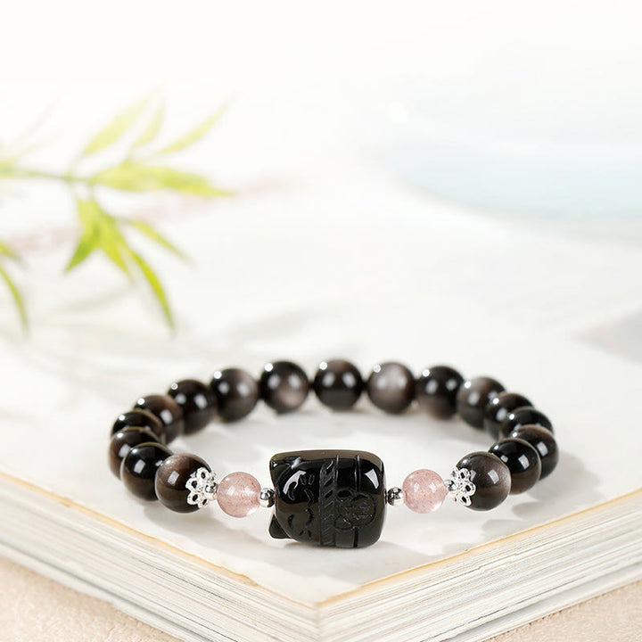 Buddha Stones Bransoletka ochronna Cat Silver Sheen z obsydianu i kwarcu truskawkowego - image 2