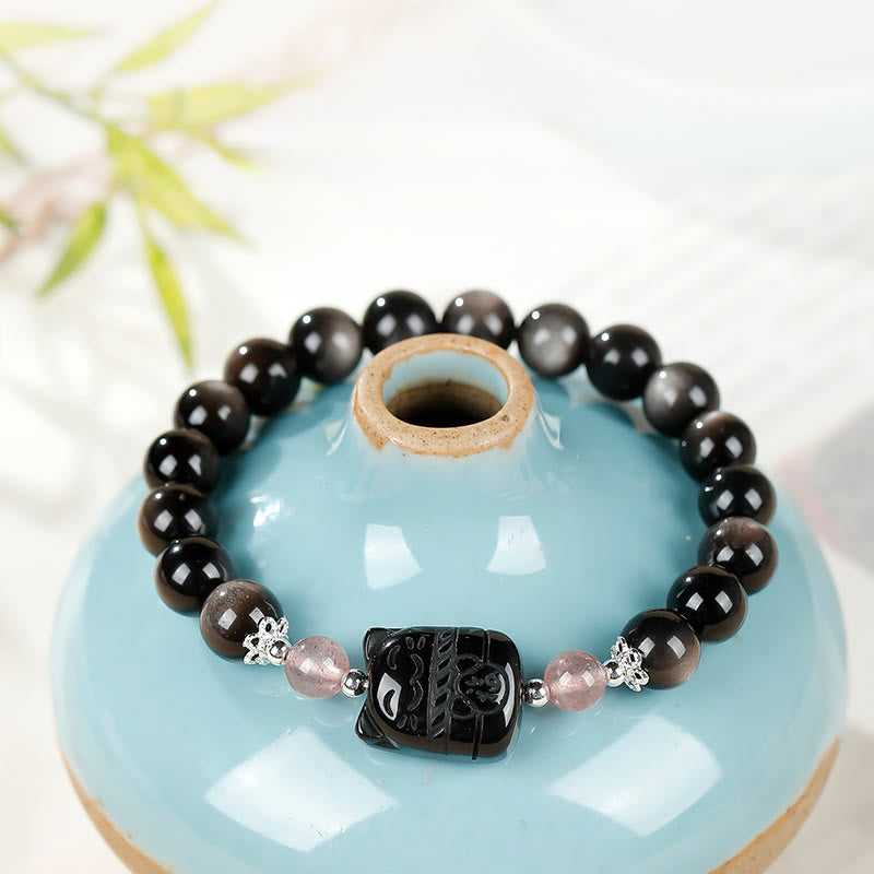 Buddha Stones Bransoletka ochronna Cat Silver Sheen z obsydianu i kwarcu truskawkowego - image 3