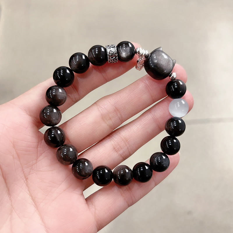 Buddha Stones Bransoletka z białego, kociego oka i srebrnego połysku z obsydianu - Koralik z obsydianu o srebrnym połysku, rozmiar 10 mm (obwód nadgarstka: 14-15 cm) - image 14