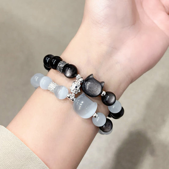 Buddha Stones Bransoletka z białego, kociego oka i srebrnego połysku z obsydianu - image 17