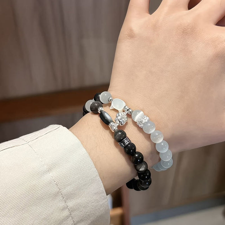 Buddha Stones Bransoletka z białego, kociego oka i srebrnego połysku z obsydianu - image 7