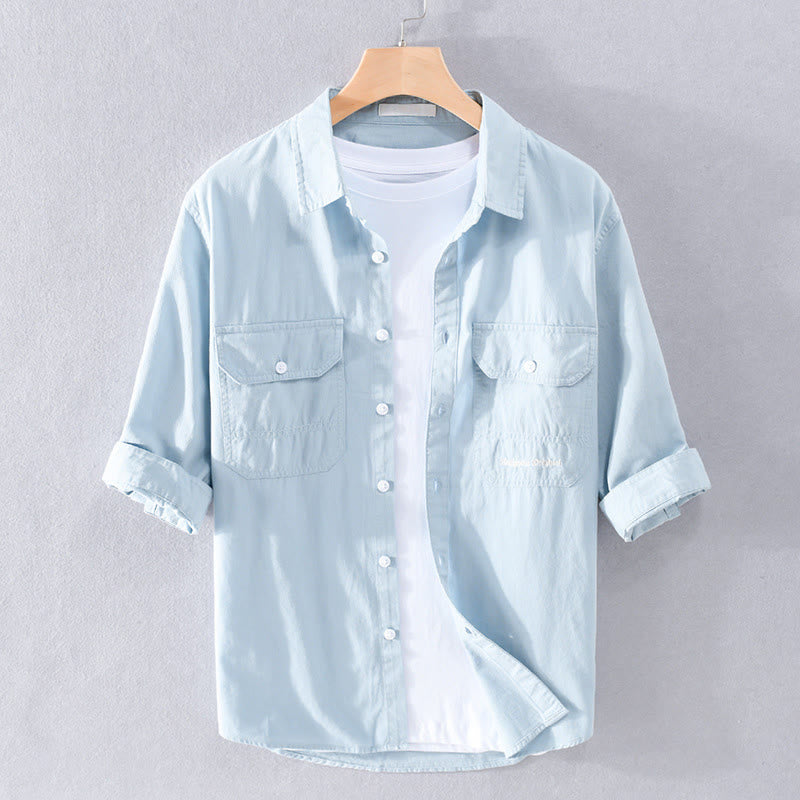 Buddha Stones Letnia męska bawełniana koszula z krótkim rękawem, zapinana na guziki, z dwiema ozdobnymi kieszeniami - PowderBlue - US/UK/AU40, EU50 (3XL) - image 0