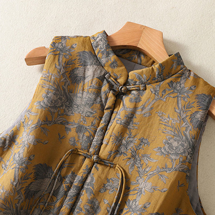 Buddha Stones Kamizelka damska bez rękawów z bawełny z motywem kwiatów żurawia i żaby - image 4