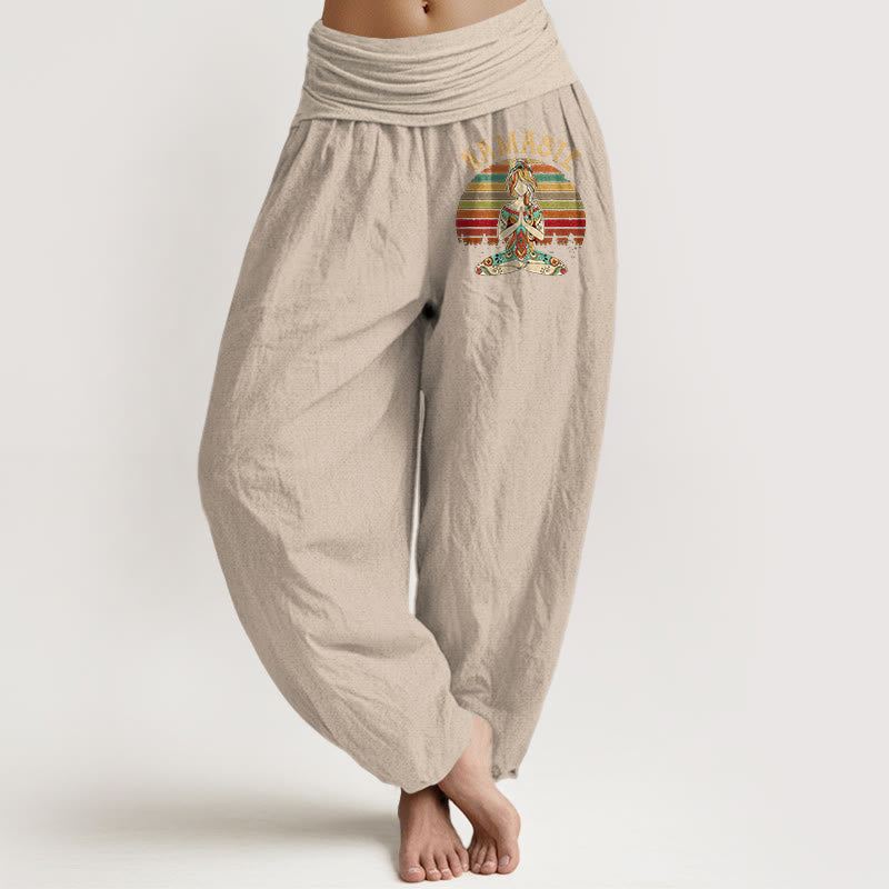 Buddha Stones Spodnie damskie haremowe z czystej bawełny w kolorowe paski z motywem lotosu i medytacji Namaste - Dębnik - US16, UK/AU20, EU48 (3XL) - image 11